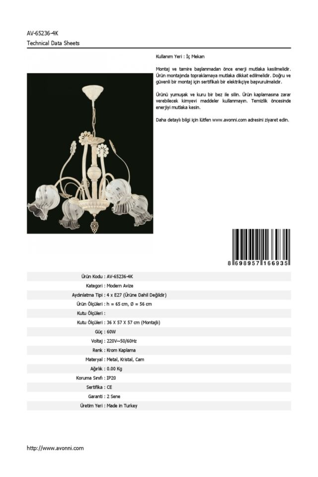 Sırma Modern Avize E27 48W 56cm Metal Krom Dorbien-AV-65236-4K