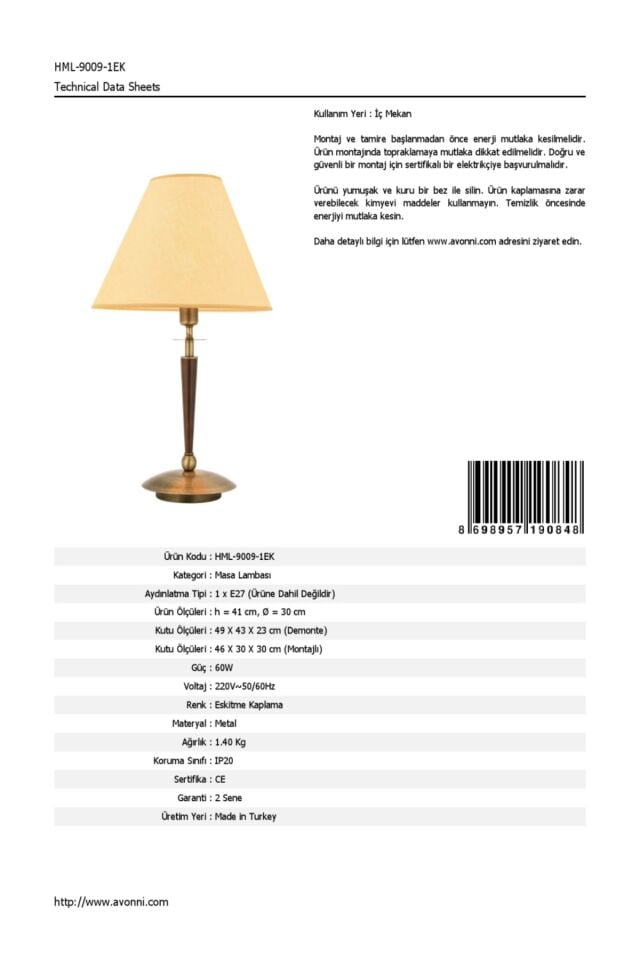 Feyza Abajur E27 12W 30cm Metal Eskitme Avonni-HML-9009-1EK