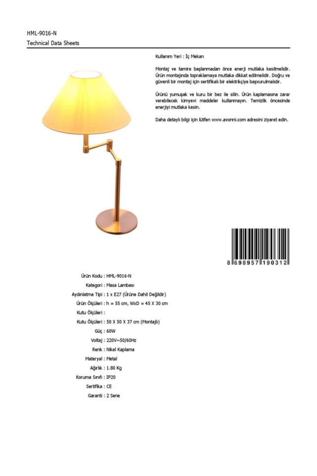 Harun Abajur E27 12W 45x30cm Metal Nikel Avonni-HML-9016-N