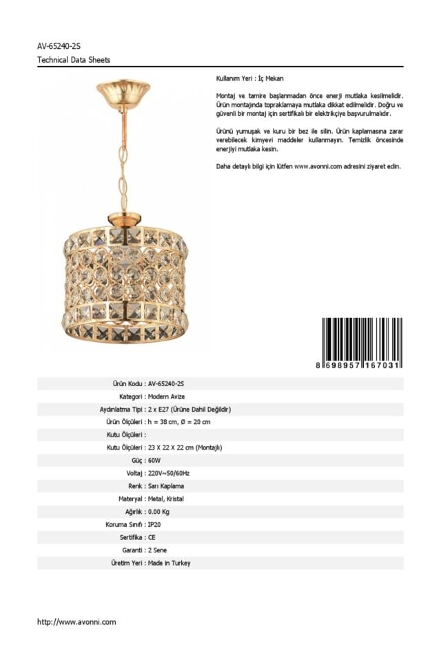 Göz Klasik Avize E27 24W 20cm Metal Sarı Dorbien-AV-65240-2S