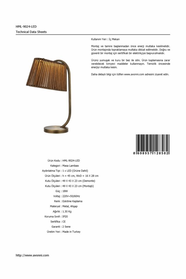 Lenzo Çalışma Masası Lambası LED 18W 16x28cm Metal Eskitme Avonni-HML-9024-LED