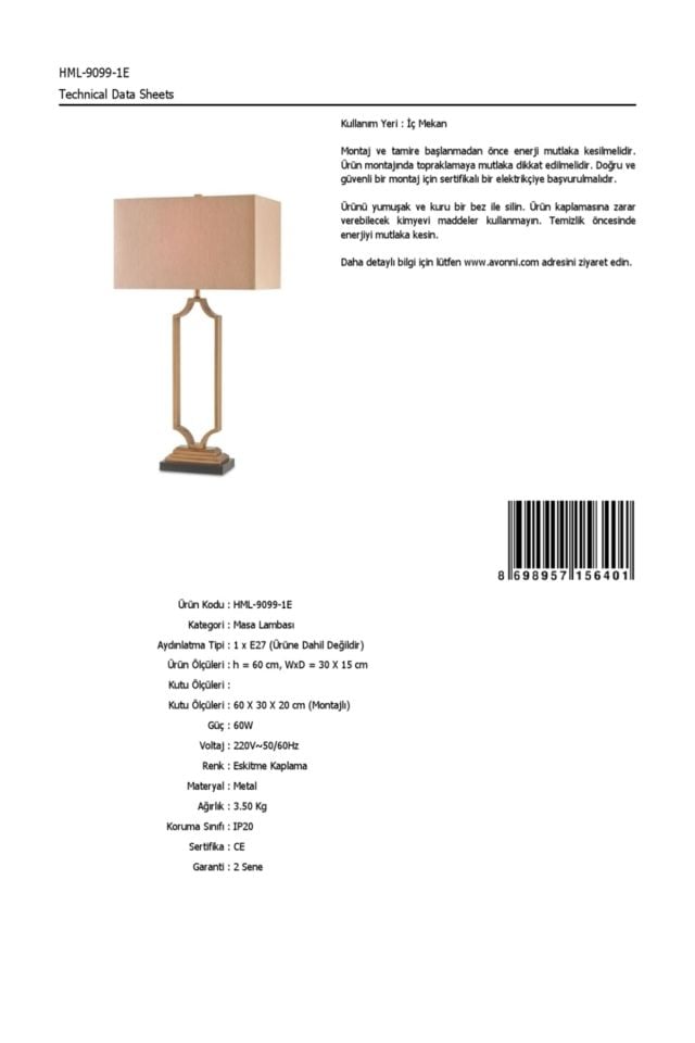 Shade Abajur E27 12W 30x15cm Metal Eskitme Avonni-HML-9099-1E