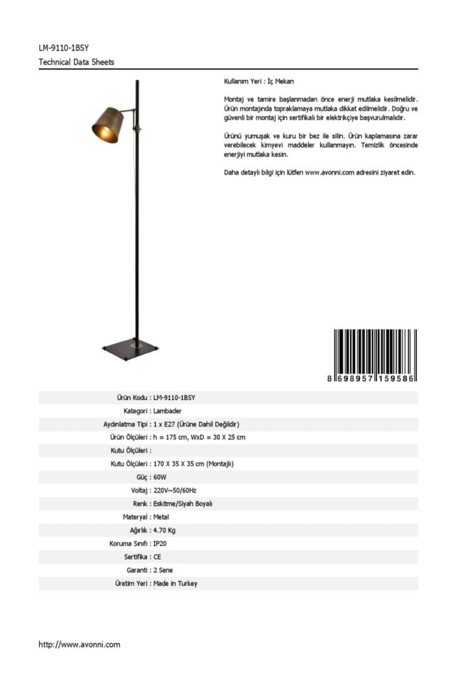Fall Lambader E27 12W 30x25cm Metal Eskitme/Siyah Avonni-LM-9110-1BSY