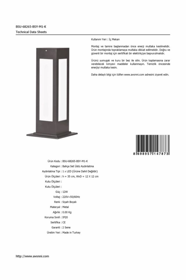 Bahçe Set Üstü Aydınlatma LED 12W 12x12cm Alüminyum Profil Siyah Dorbien-BSU-68265-BSY-M1-K