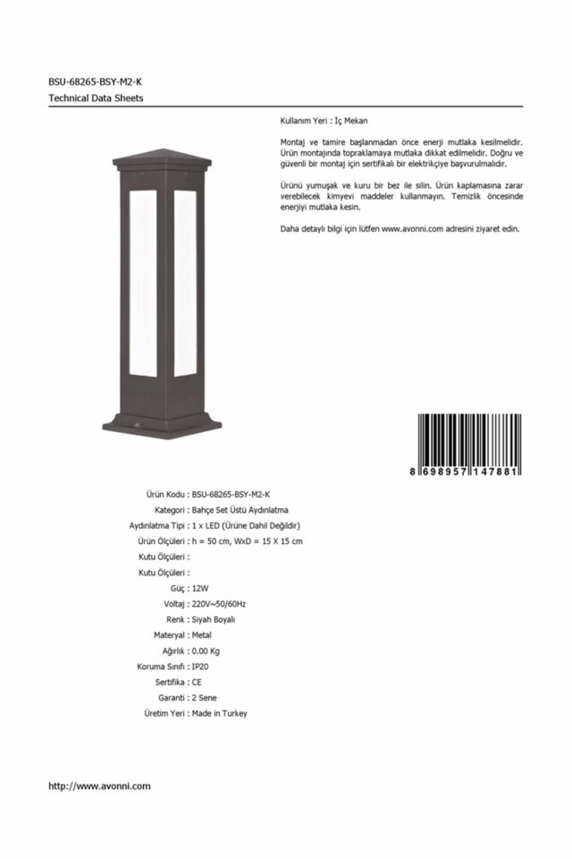 Bahçe Set Üstü Aydınlatma LED 12W 15x15cm Alüminyum Profil Siyah Dorbien-BSU-68265-BSY-M2-K