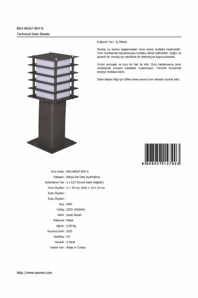 Bahçe Set Üstü Aydınlatma E27 12W 14x14cm Metal Siyah Dorbien-BSU-68267-BSY-K