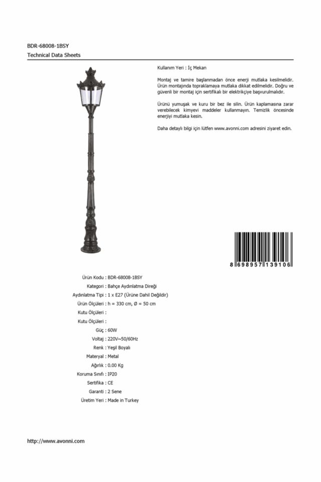 Bahçe Direkleri E27 12W 50cm Alüminyum Yeşil Dorbien-BDR-68008-1BSY