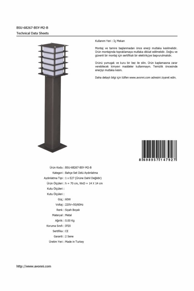 Bahçe Set Üstü Aydınlatma E27 12W 14x14cm Metal Siyah Dorbien-BSU-68267-BSY-M2-B