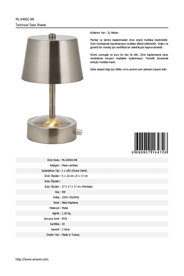 Megatron Çalışma Masası Lambası LED 4W 17cm Metal Nikel Avonni-ML-64002-NK