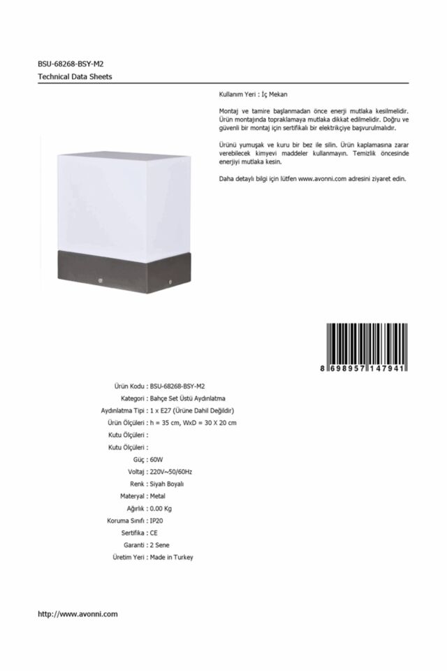 Bahçe Set Üstü Aydınlatma E27 12W 30x20cm Metal Siyah Dorbien-BSU-68268-BSY-M2