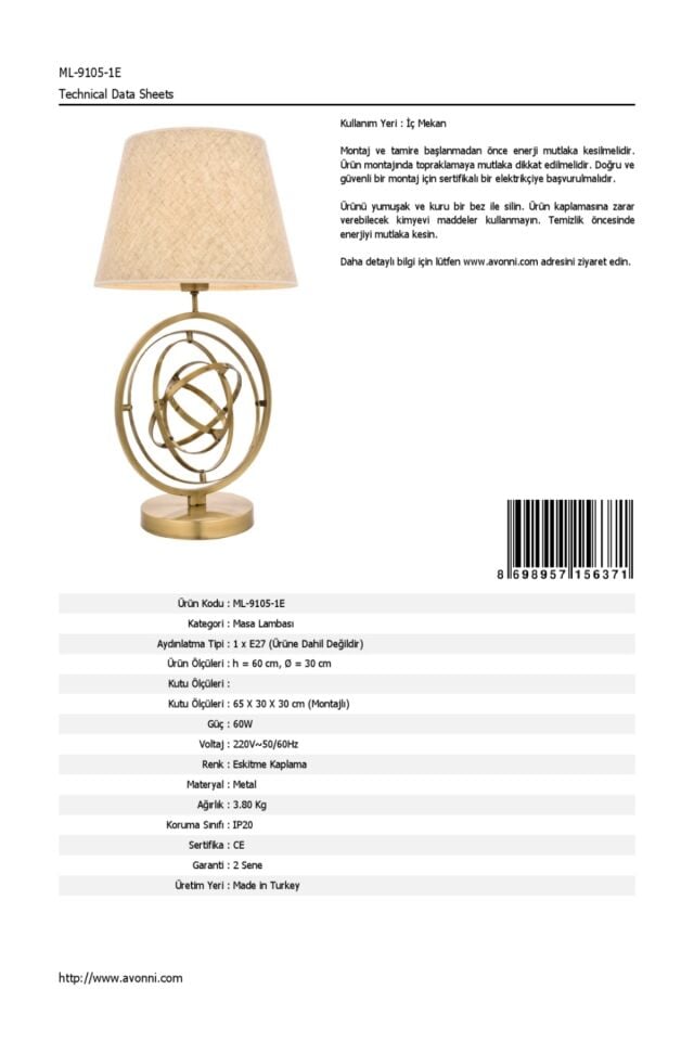 Atak Abajur E27 12W 30cm Metal Eskitme Avonni-ML-9105-1E