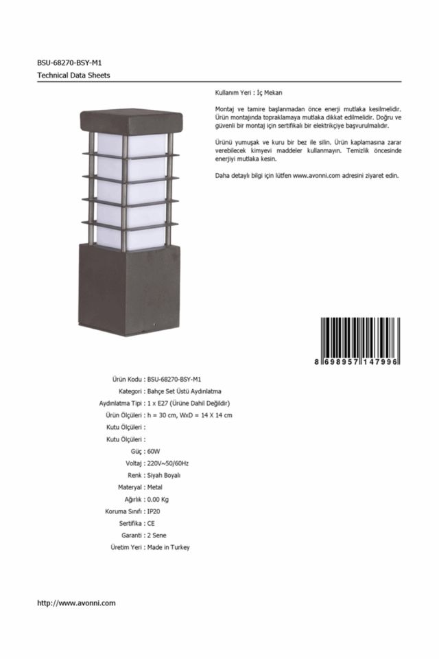 Bahçe Set Üstü Aydınlatma E27 12W 14x14cm Metal Siyah Dorbien-BSU-68270-BSY-M1