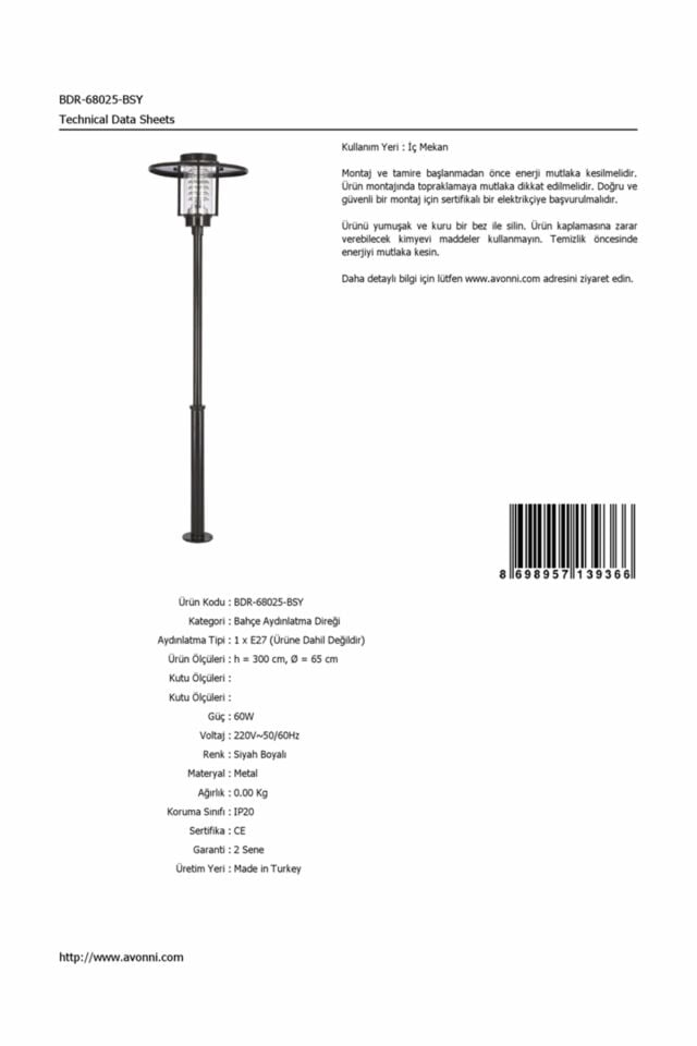 Bahçe Direkleri E27 12W 65cm Alüminyum Siyah Dorbien-BDR-68025-BSY