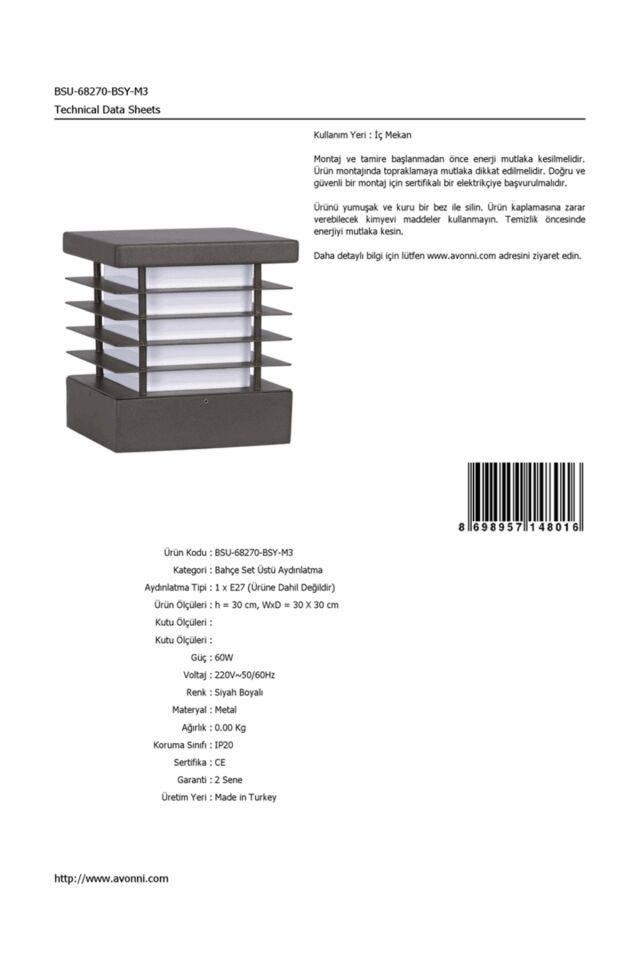 Bahçe Set Üstü Aydınlatma E27 12W 30x30cm Metal Siyah Dorbien-BSU-68270-BSY-M3