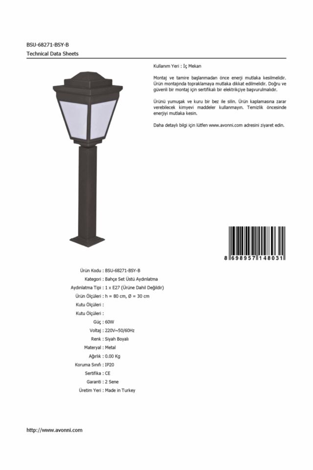 Bahçe Set Üstü Aydınlatma E27 12W 30cm Alüminyum Profil Siyah Dorbien-BSU-68271-BSY-B