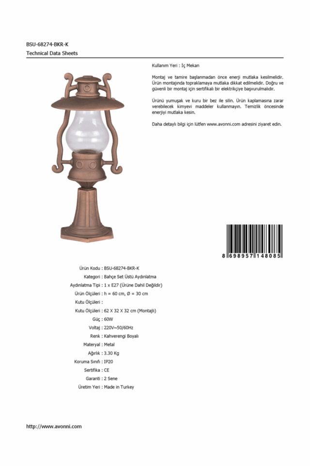 Bahçe Set Üstü Aydınlatma E27 12W 30cm Alüminyum Profil Kahverengi Dorbien-BSU-68274-BKR-K