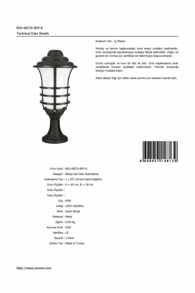 Bahçe Set Üstü Aydınlatma E27 12W 28cm Alüminyum Siyah Dorbien-BSU-68276-BSY-K