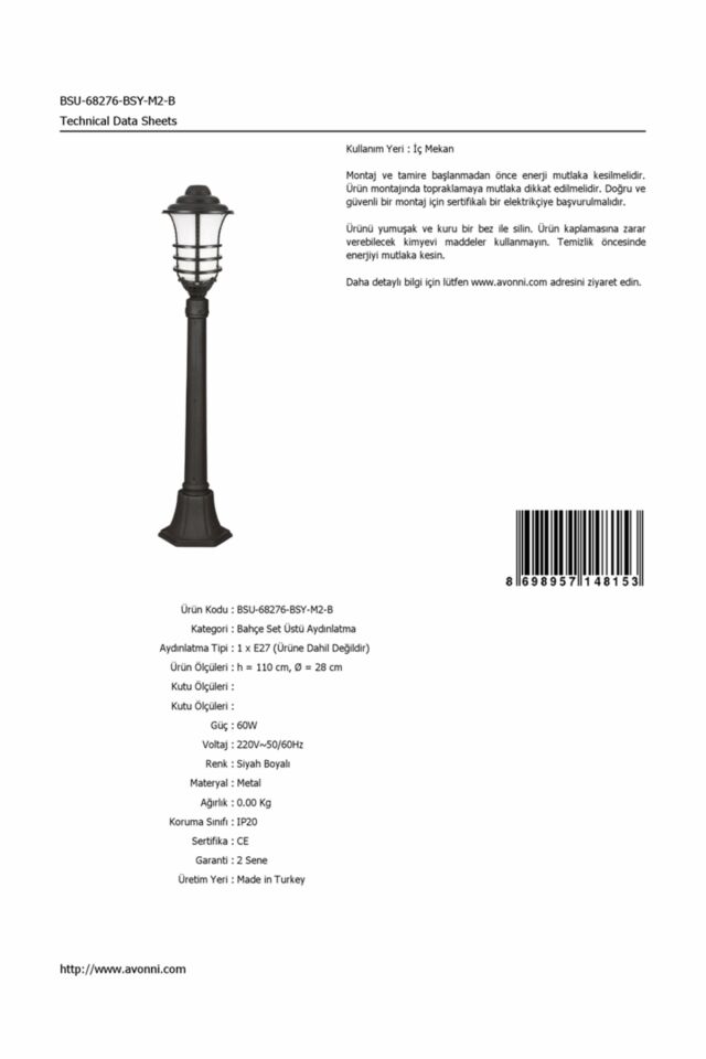 Bahçe Set Üstü Aydınlatma E27 12W 28cm Çelik Boru Siyah Dorbien-BSU-68276-BSY-M2-B