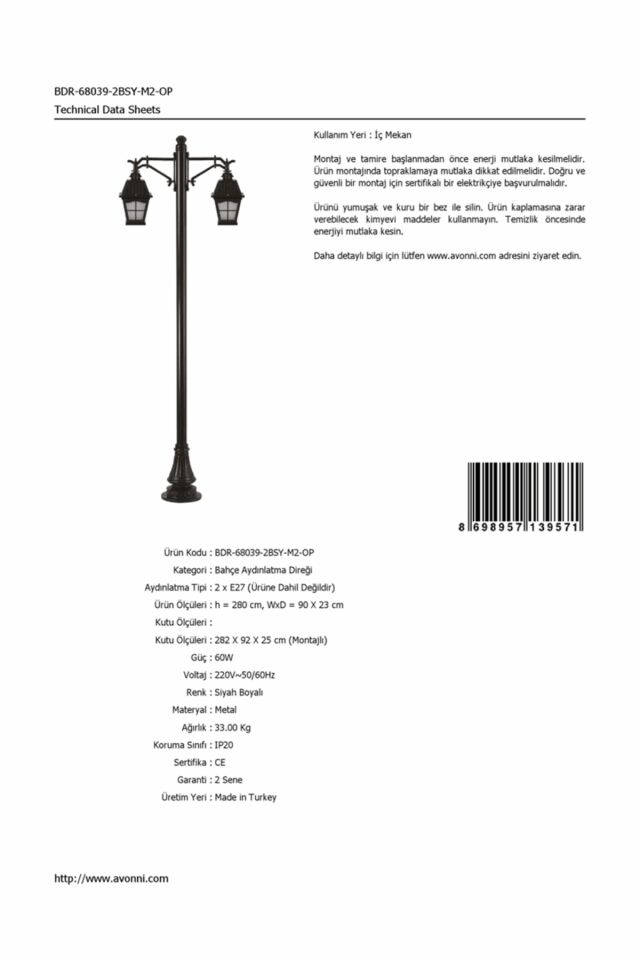 Bahçe Direkleri E27 24W 90x23cm Alüminyum Siyah Dorbien-BDR-68039-2BSY-M2-OP