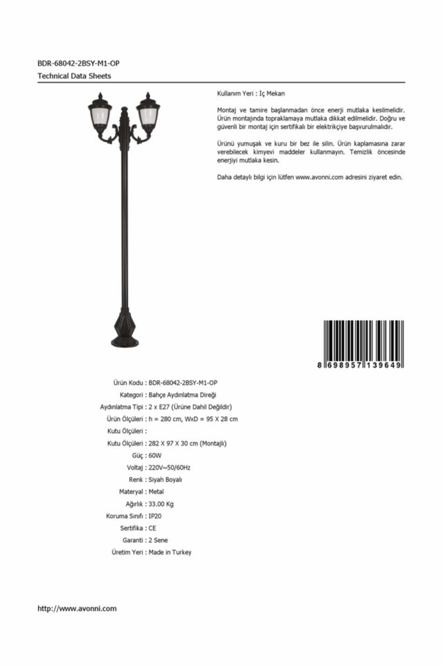 Bahçe Direkleri E27 24W 95x28cm Alüminyum Siyah Dorbien-BDR-68042-2BSY-M1-OP