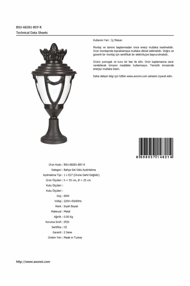 Bahçe Set Üstü Aydınlatma E27 12W 25cm Alüminyum Siyah Dorbien-BSU-68281-BSY-K
