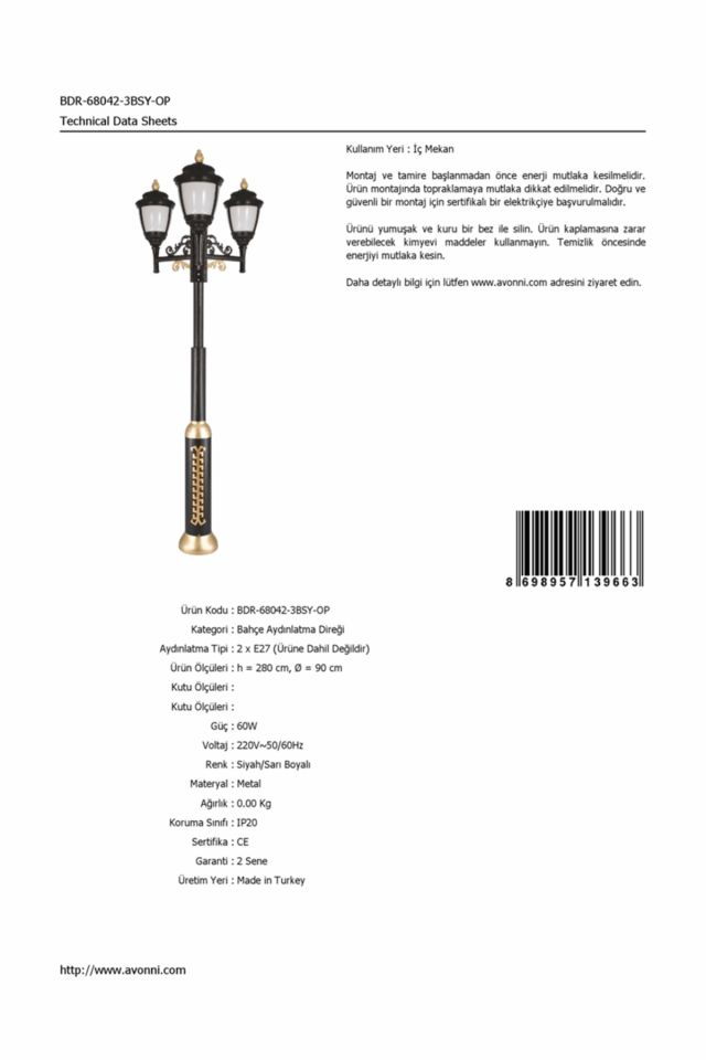 Bahçe Direkleri E27 24W 90cm Alüminyum Sarı/Siyah Dorbien-BDR-68042-3BSY-OP