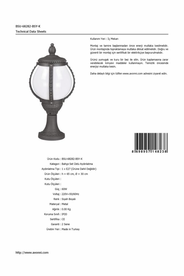 Bahçe Set Üstü Aydınlatma E27 12W 30cm Alüminyum Siyah Dorbien-BSU-68282-BSY-K