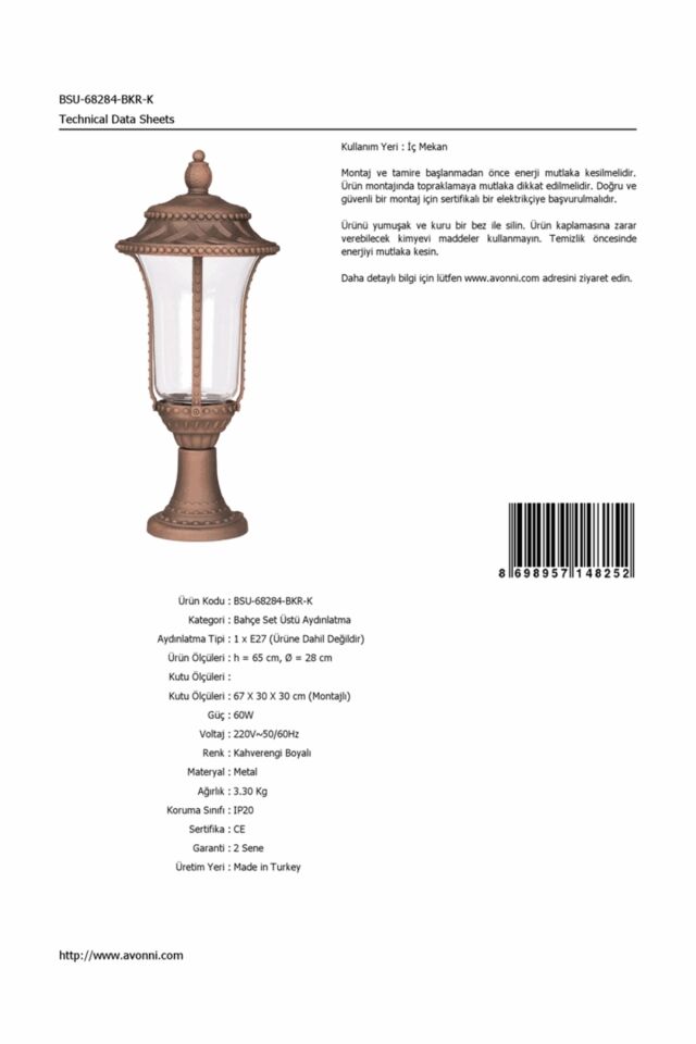 Bahçe Set Üstü Aydınlatma E27 12W 28cm Çelik Boru Kahverengi Dorbien-BSU-68284-BKR-K