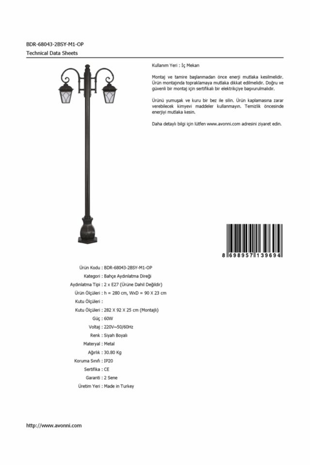 Bahçe Direkleri E27 24W 90x23cm Alüminyum Siyah Dorbien-BDR-68043-2BSY-M1-OP