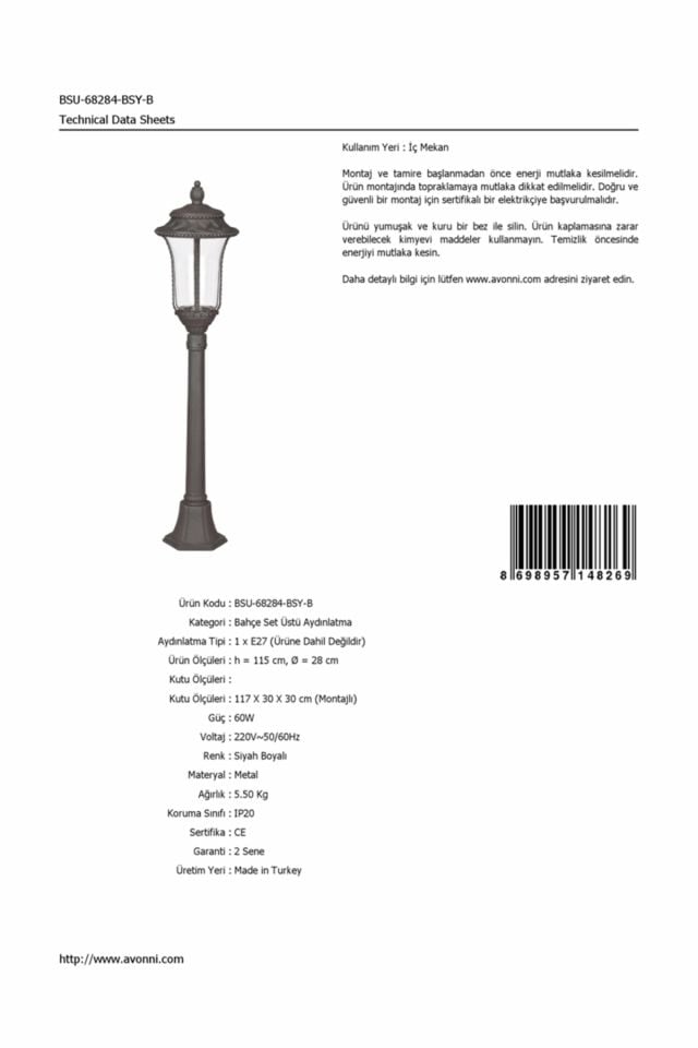 Bahçe Set Üstü Aydınlatma E27 12W 28cm Çelik Boru Siyah Dorbien-BSU-68284-BSY-B