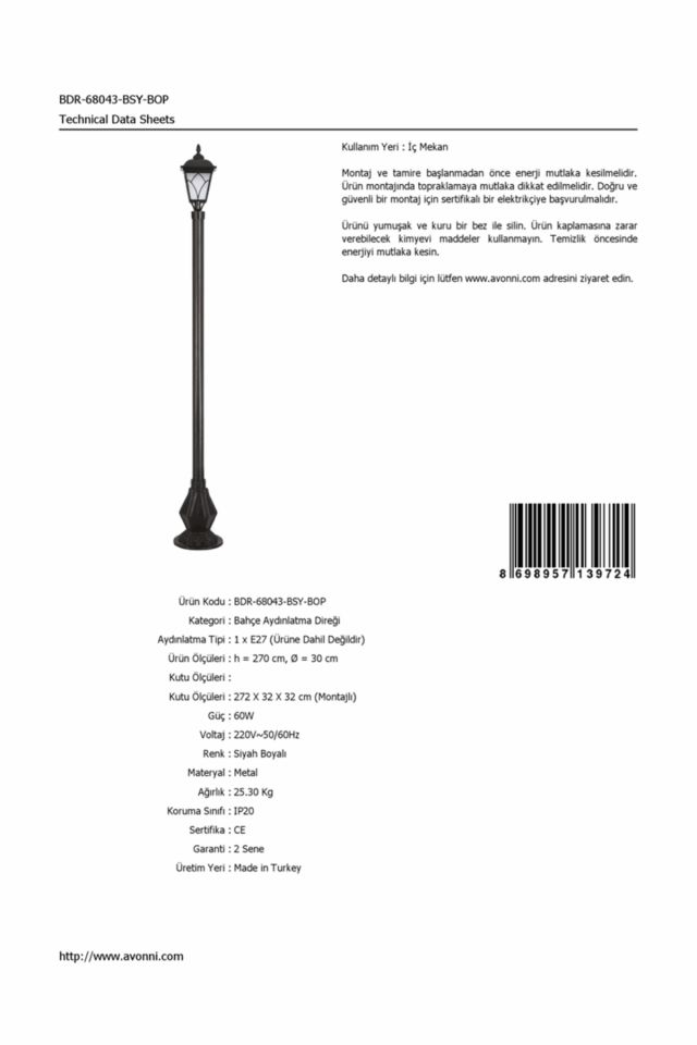 Bahçe Direkleri E27 12W 30cm Alüminyum Siyah Dorbien-BDR-68043-BSY-BOP