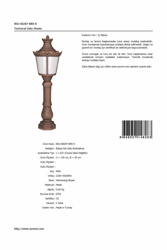 Bahçe Set Üstü Aydınlatma E27 12W 50cm Çelik Boru Kahverengi Dorbien-BSU-68287-BKR-K