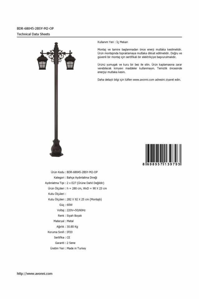 Bahçe Direkleri E27 24W 90x23cm Alüminyum Siyah Dorbien-BDR-68045-2BSY-M2-OP