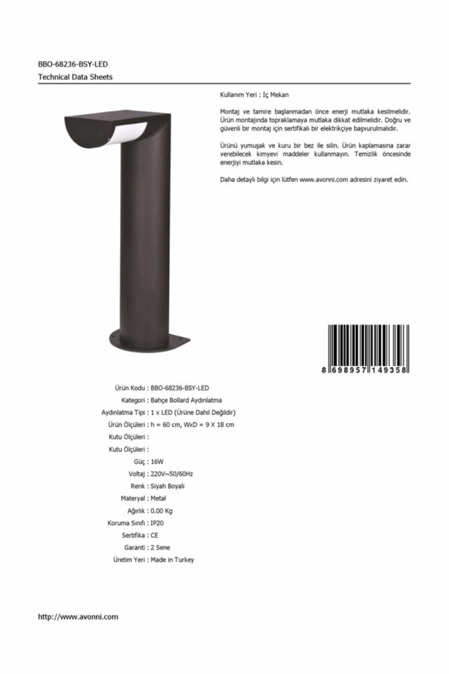 Bahçe Bollard LED 16W 9x18cm Alüminyum Profil Siyah Dorbien-BBO-68236-BSY-LED
