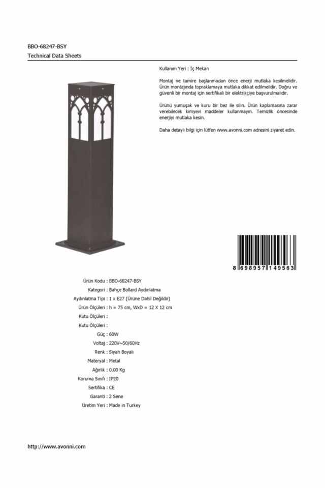 Bahçe Bollard E27 12W 12x12cm Alüminyum Profil Siyah Dorbien-BBO-68247-BSY