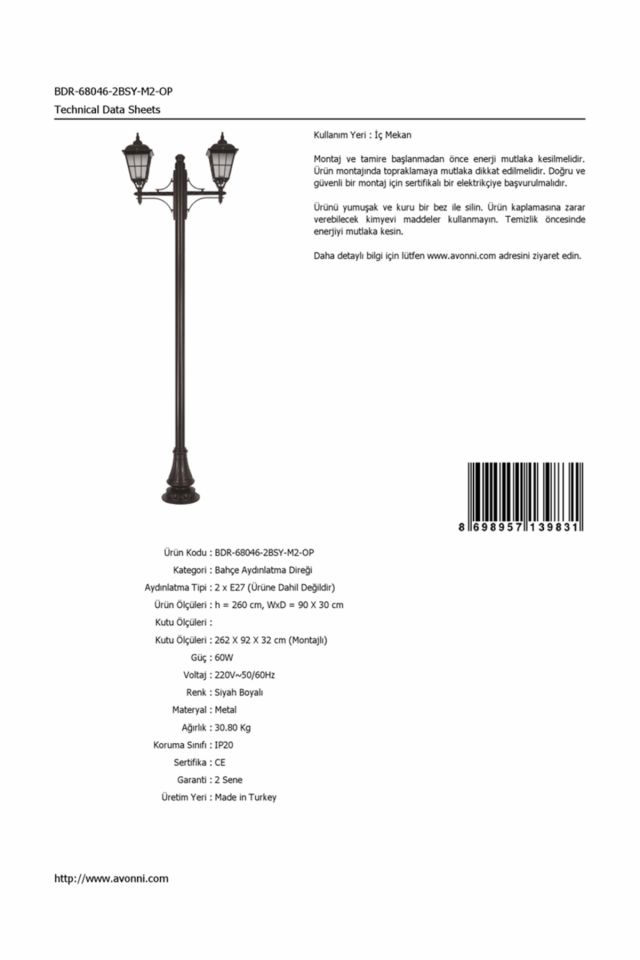 Bahçe Direkleri E27 24W 90x30cm Alüminyum Siyah Dorbien-BDR-68046-2BSY-M2-OP