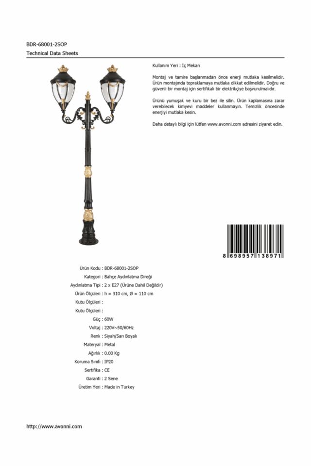 Bahçe Direkleri E27 24W 110cm Alüminyum Sarı/Siyah Dorbien-BDR-68001-2SOP