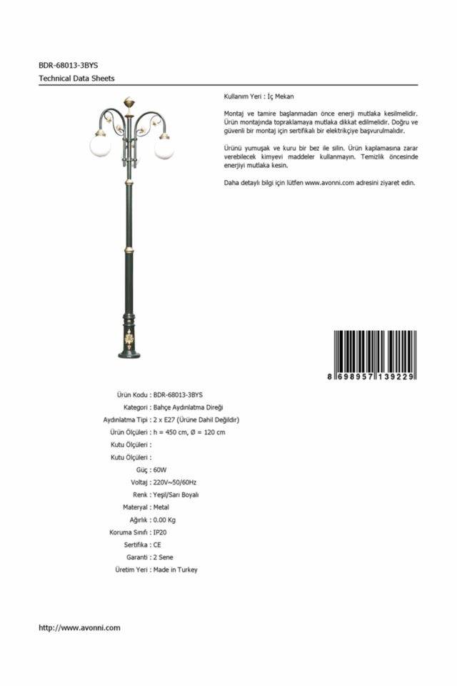 Bahçe Direkleri E27 24W 120cm Çelik Boru Sarı/Yeşil Dorbien-BDR-68013-3BYS