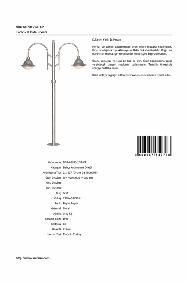 Bahçe Direkleri E27 24W 150cm Alüminyum Beyaz Dorbien-BDR-68090-2GR-OP
