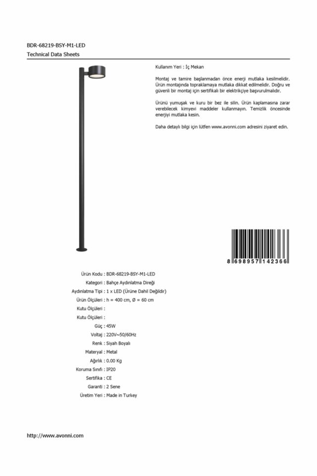 Bahçe Direkleri LED 45W 60cm Çelik Boru Siyah Dorbien-BDR-68219-BSY-M1-LED