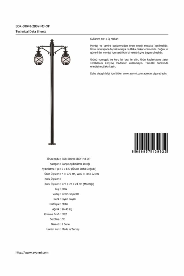 Bahçe Direkleri E27 24W 70x22cm Alüminyum Siyah Dorbien-BDR-68048-2BSY-M3-OP