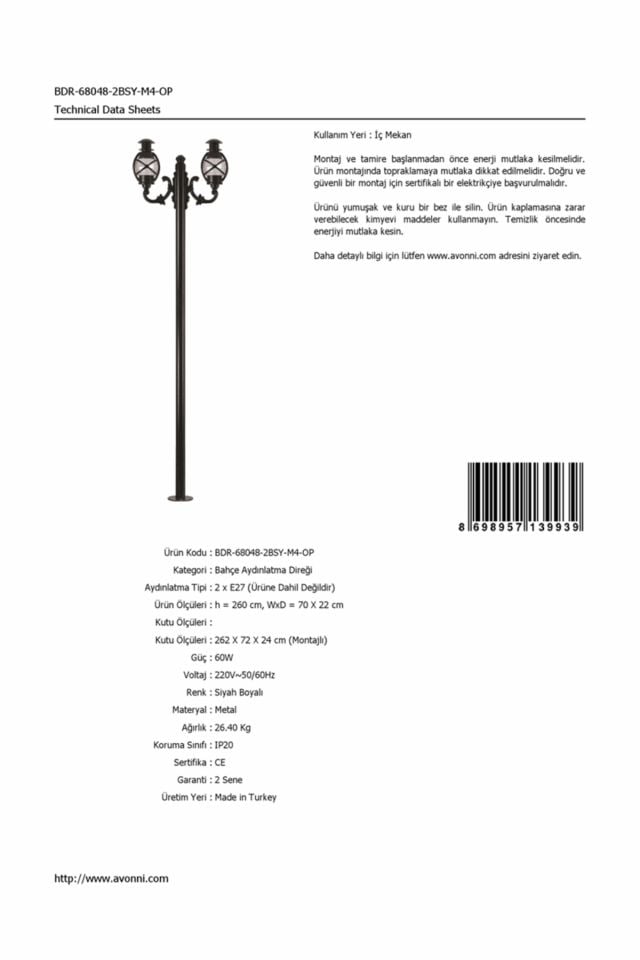 Bahçe Direkleri E27 24W 70x22cm Alüminyum Siyah Dorbien-BDR-68048-2BSY-M4-OP