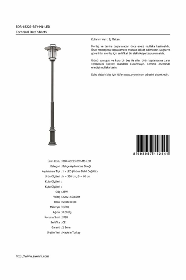 Bahçe Direkleri LED 25W 60cm Çelik Boru Siyah Dorbien-BDR-68223-BSY-M1-LED