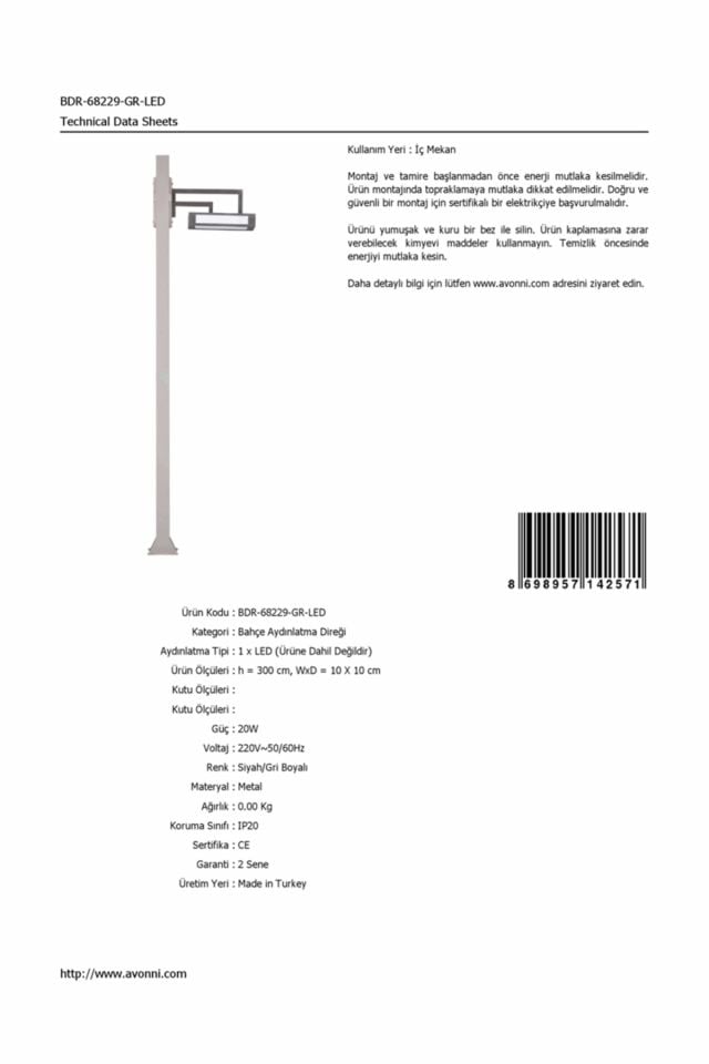 Bahçe Direkleri LED 20W 10x10cm Alüminyum Profil Gri/Siyah Dorbien-BDR-68229-GR-LED