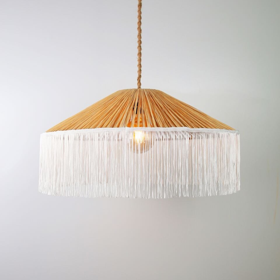 Japon Modern Avize E27 12W 70cm Rafya Doğal/Beyaz Dorbien-SLRP-8001