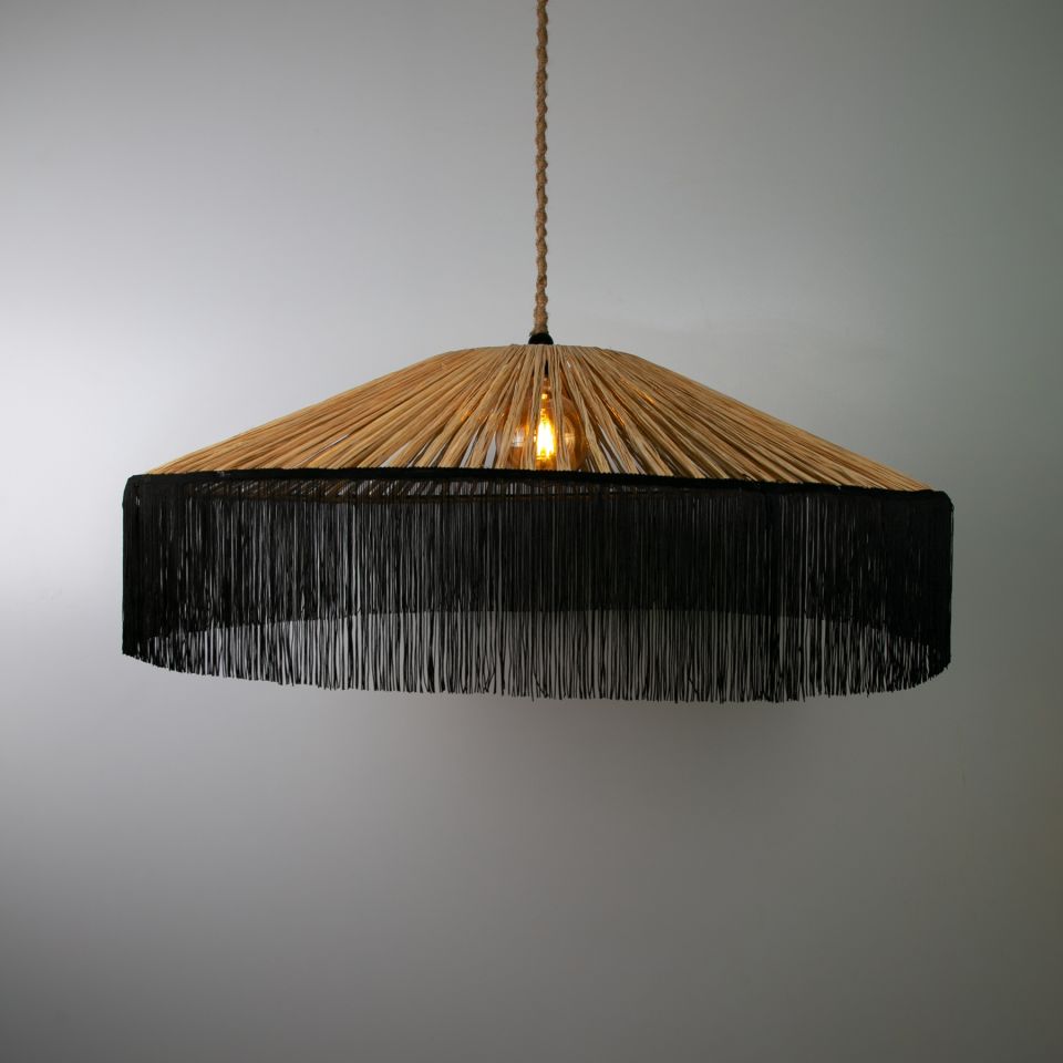 Japon Modern Avize E27 12W 100cm Rafya Doğal/Siyah Dorbien-SLRP-8002
