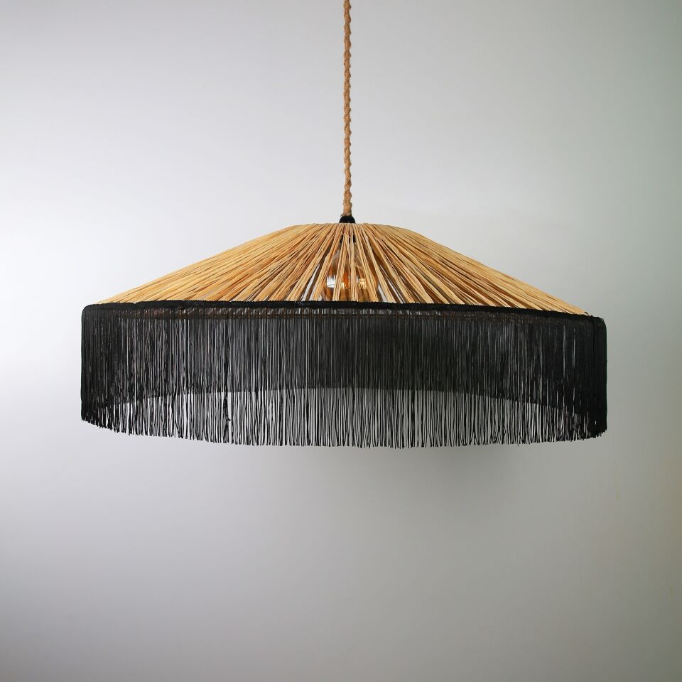 Japon Modern Avize E27 12W 100cm Rafya Doğal/Siyah Dorbien-SLRP-8002