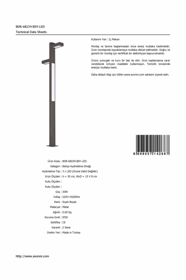 Bahçe Direkleri LED 30W 15x8cm Alüminyum Profil Siyah Dorbien-BDR-68234-BSY-LED