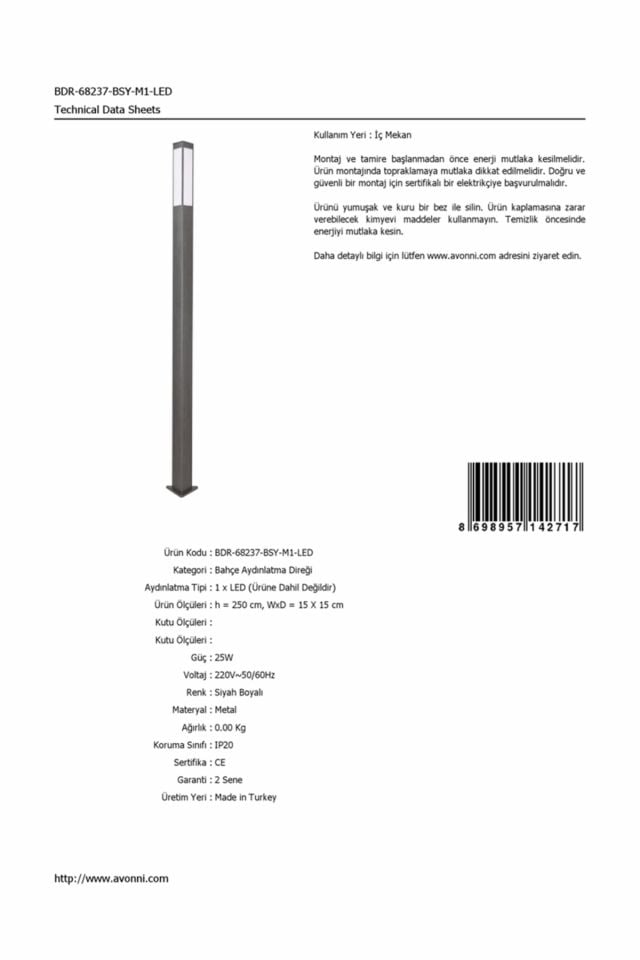 Bahçe Direkleri LED 25W 15x15cm Alüminyum Profil Siyah Dorbien-BDR-68237-BSY-M1-LED
