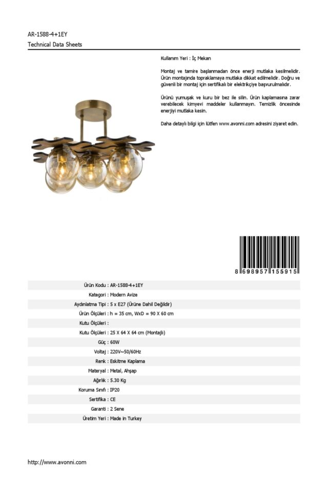Tosya Modern Avize E27 60W 90x60cm Metal Eskitme Avonni-AR-1588-4+1EY